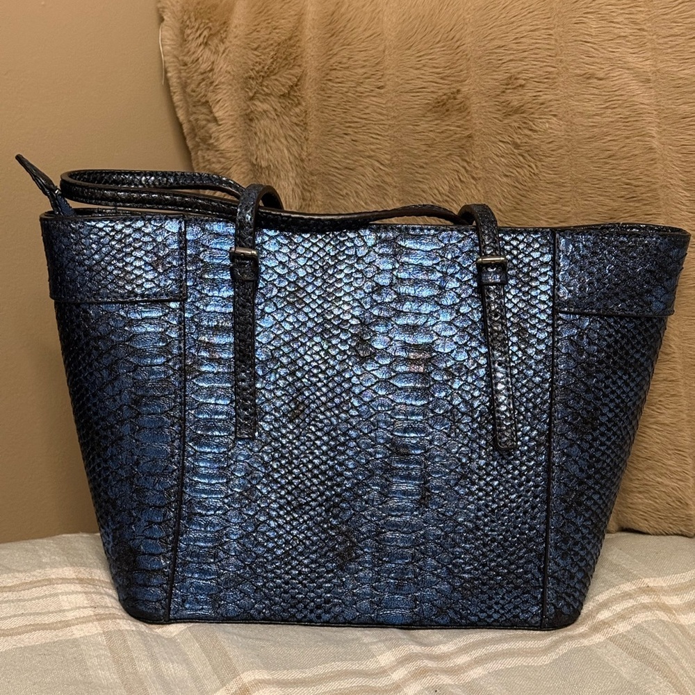 GUESS Metallic Blue Snake-Embossed Tote with Charm - Picture 2 of 5